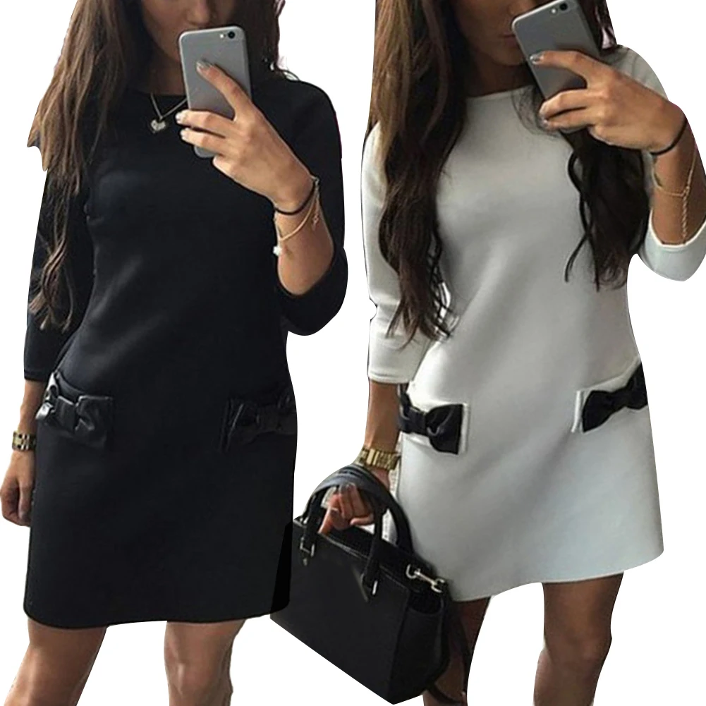 

Casual Women Autumn Solid Color O Neck Long Sleeve Bowknot Pockets Mini Dress 2020