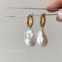 vintage france style earring simple delicate real baroque pearl earrings stainless steel waterdrop shape pendant drop earrings