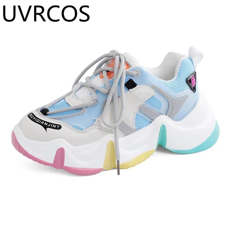 

New Women Vulcanize Shoes High Heel Chunky Sneakers Women Height Platform Breathable Sports Walking Girls Colorful Candy Shoes