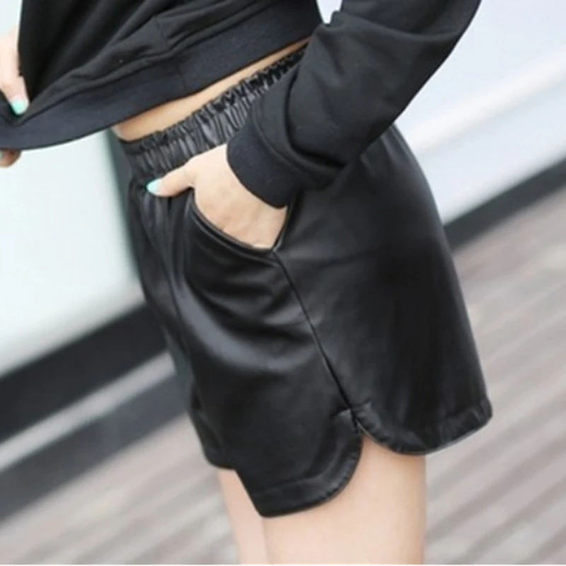 Женские модные шорты с высокой талией зимние свободные из искусственной кожи