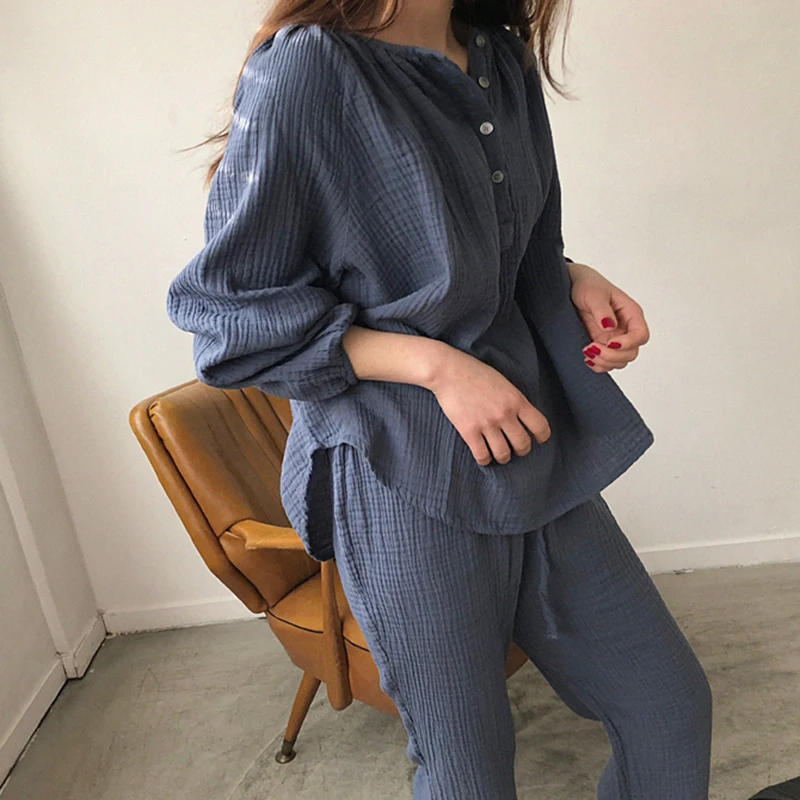 Korean Cotton Line Home Suit Women Solid Vintage Sleepwear Soft Pajamas Set Sweet Loose Buttons Lace Up Long Pants Tow Piece Set