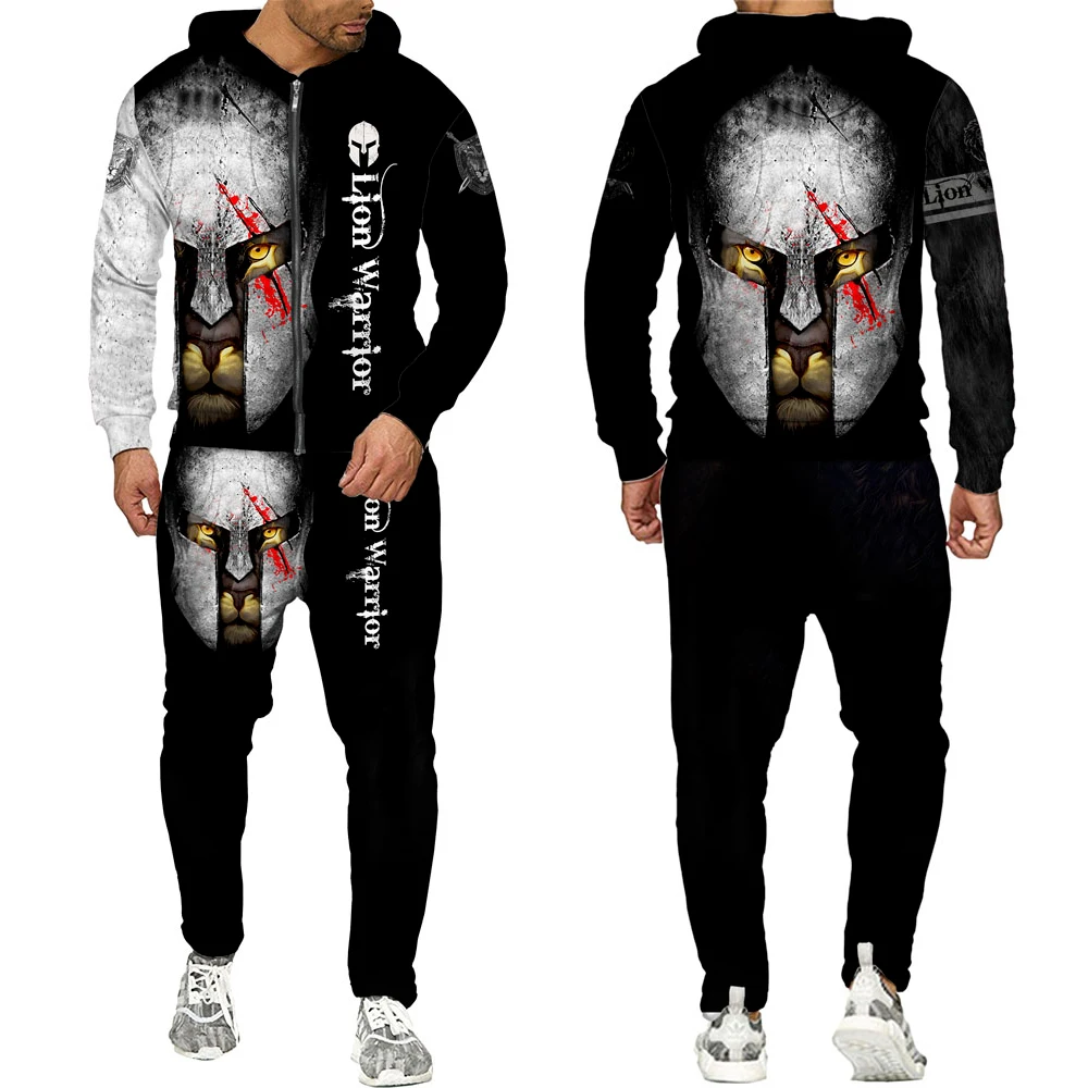 

Spartan 3D Roaring Lion Printed Zipper Hoodies Pants Suits Mens Casual Long Sleeves Sweatshirts Tracksuit