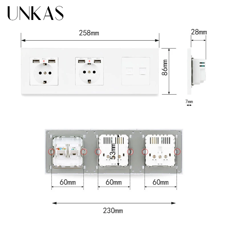 UNKAS пластиковая панель с двойным гнездом стандарта ЕС + 4 usb-порта для зарядки