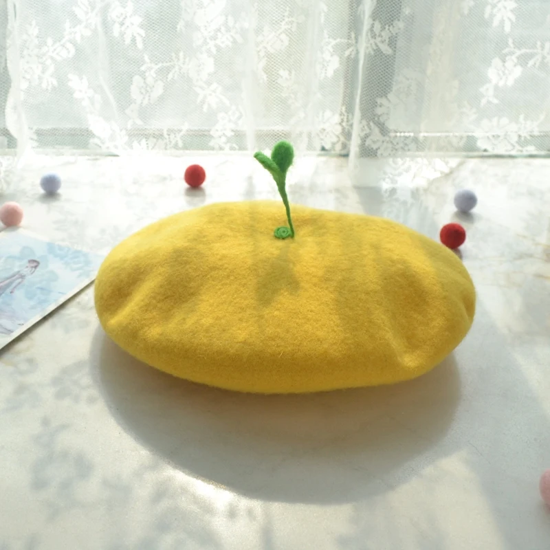 

Meng to sprout green leaves in autumn and winter wool felt beret Japanese soft sister small fresh bud cap hat female painter