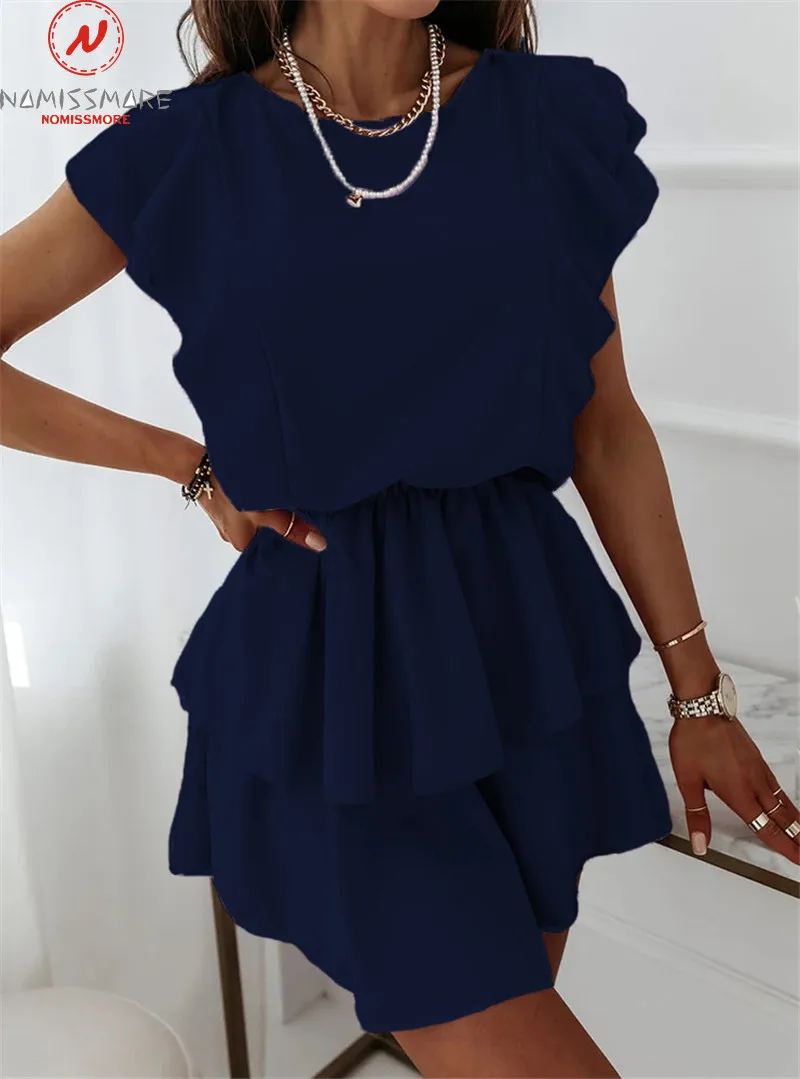 Женское облегающее платье мини однотонное летнее платье-трапеция с оборками