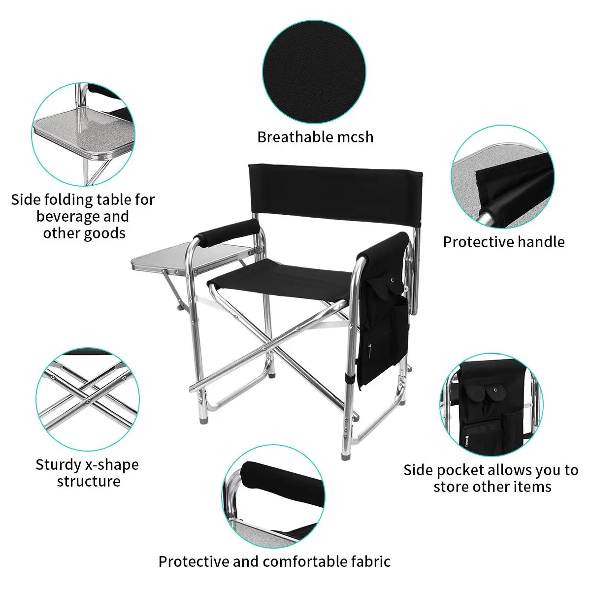 저렴한 휴대용 여행 비치 의자 알루미늄 접이식 감독 의자 테이블 야외 캠핑 의자 싱글 시트 사이드 스토리지 가방