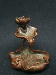 YIZHU CULTUER ART Collected Old China Bronze Carving Lovely Frog Lotus Leaf Backflow Incense Stand