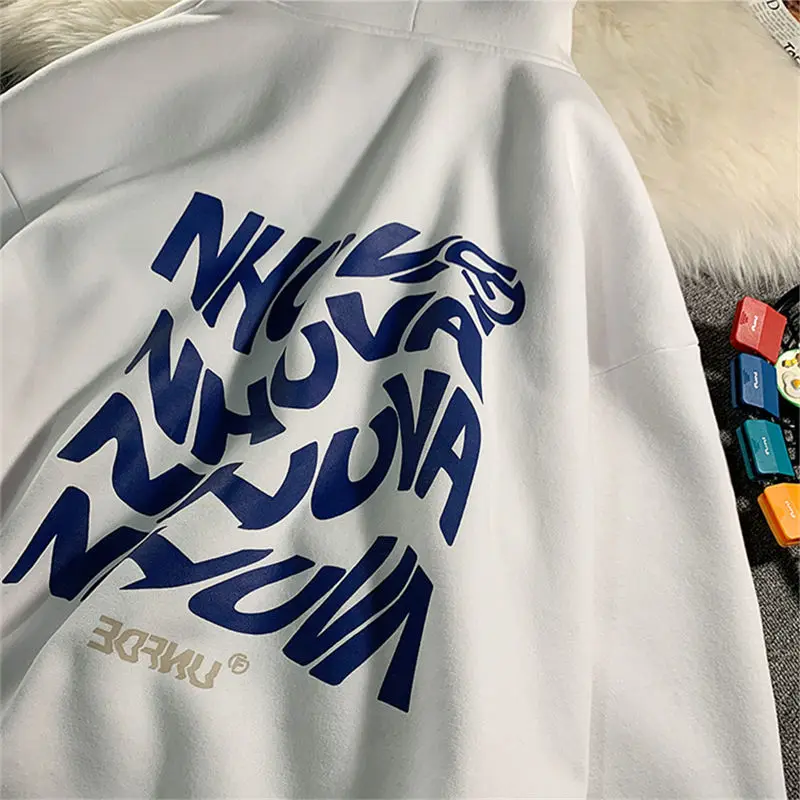 

Y2K cotton letters Harajuku plus velvet thick winter loose couple wear hooded jacket front and back print street sweater women