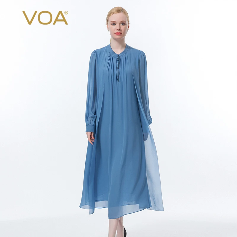 

VOA Georgette Blue Round Neck Button Shirt Perspective Woman Dress Long Sleeve Loose-Leaf Decorative Double-Layer AE956