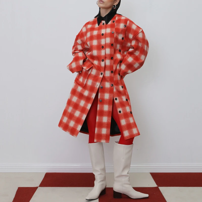 

SeeBeautiful New Fashion Spring 2021 Thick Warm Plaid Lapel Long Sleeve Double Breasted Pocket Loose Coat Windbreaker Women Q407