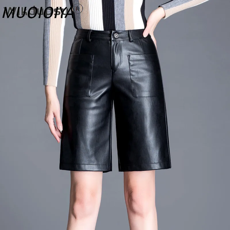 

Женские короткие брюки из мягкой кожи, с высокой талией, до колена, батальных размеров, Осень-зима 2021