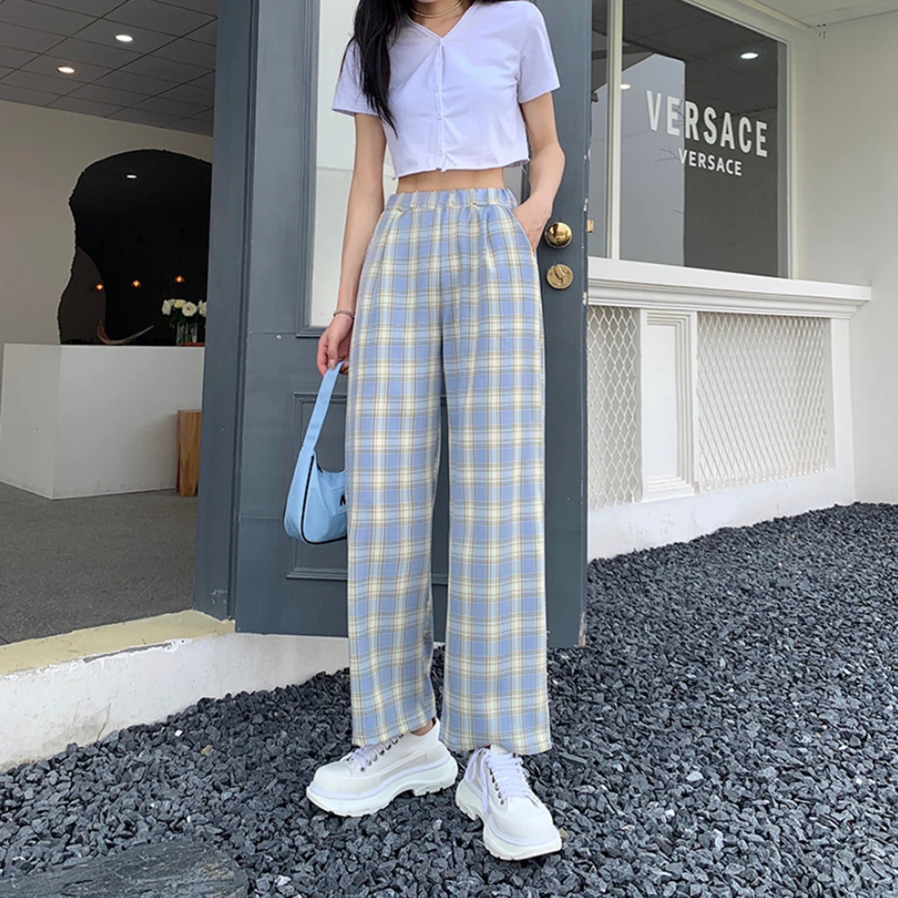 Клетчатые брюки в стиле Харадзюку женские оверсайз с широкими штанинами женская