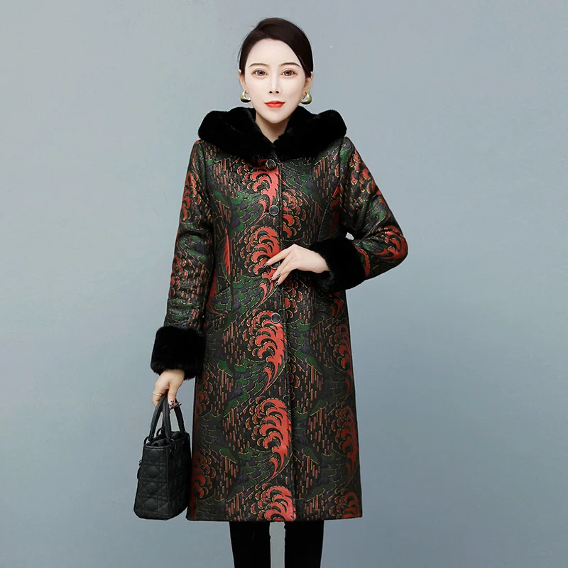 

2020 Winter Vintage Coats For Mom Warm Single Breasted Cotton Jackets Women Hooded With Pockets Print Parkas Plus Size Overcoat