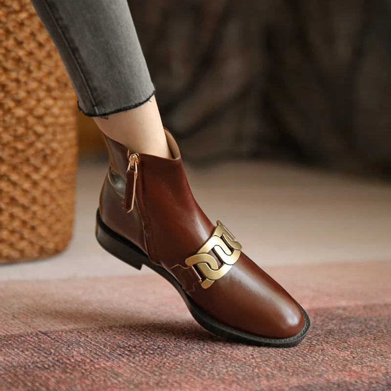 

Hot Genuine Leather Round Toe 2021 Winter Women Boots Office Lady ZIP ANKLE Boots Thick Heel Platform Shoes Women Shoes