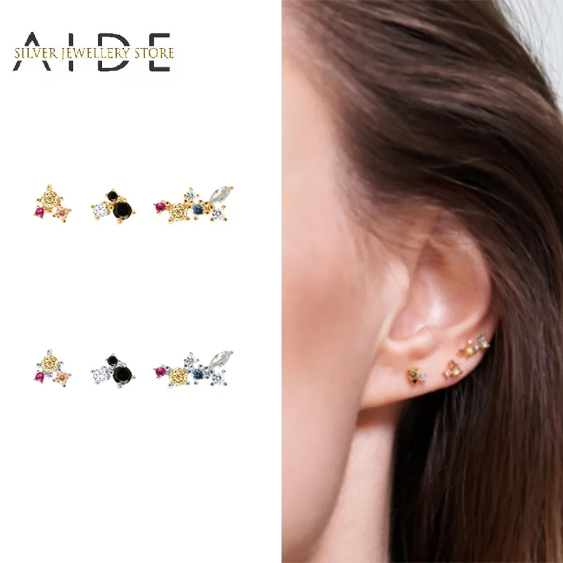 

AIDE 3 Pcs/Set Colorful Zircon Stud Earrings for Women Exquisite Geometric 925 Sterling Silver Earrings Fine Jewelry kolczyki