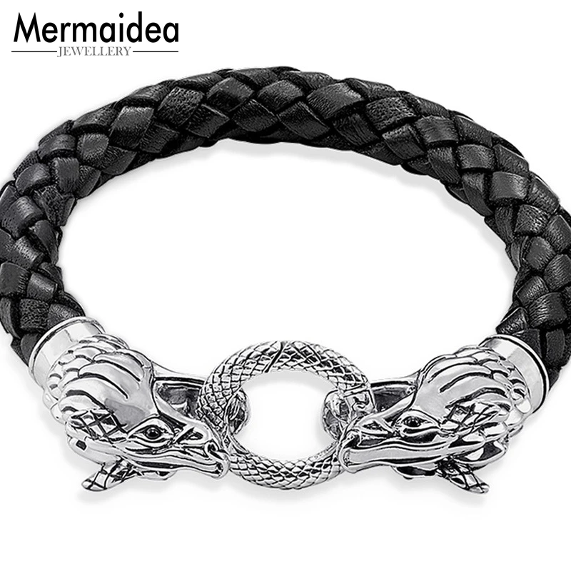 Мужские и женские кожаные браслеты с двумя головками дракона посеребренные
