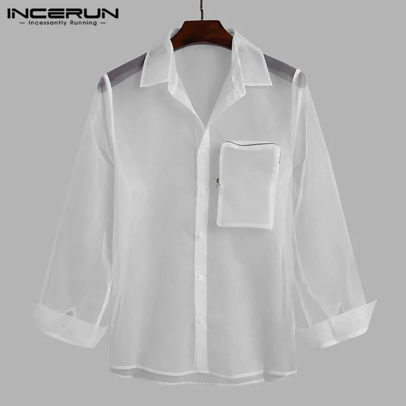 

INCERUN 2021 Для мужчин сетчатая рубашка прозрачная лацкане с длинными рукавами и карманами, сплошной цвет, размер на Цвет блузка в уличном стиле ...
