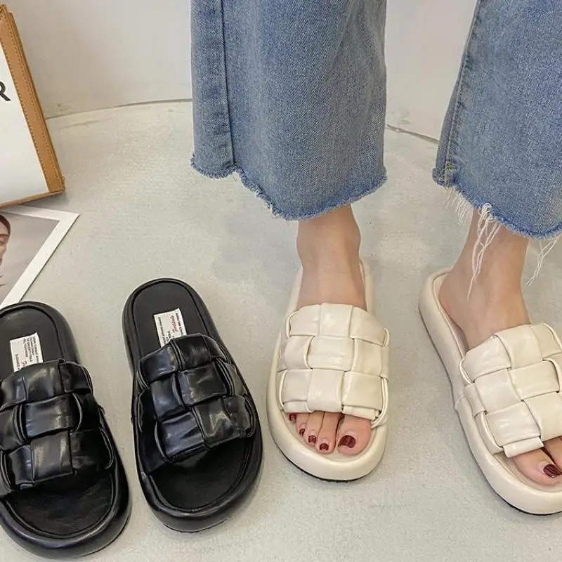 

Женские плетеные шлепанцы, уличные шлепанцы на толстой платформе, без застежки, на плоской подошве, лето 2021