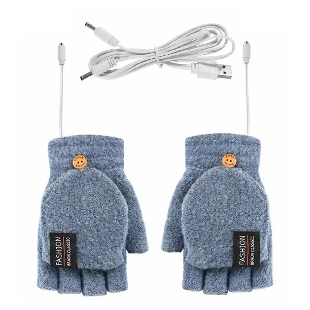 

Winter Half-finger Gloves Monochrome Flip Winter Wool Warmth Half Gray Fingerless General Gloves USB Heating Hand Protection