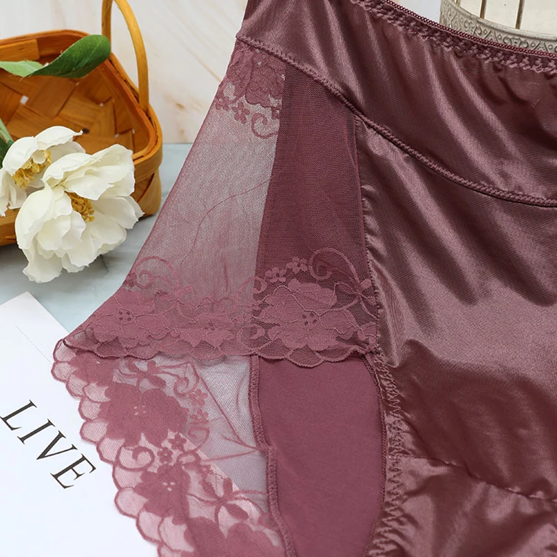 Трусы женские кружевные тонкие атласные с завышенной талией размера плюс хлопок