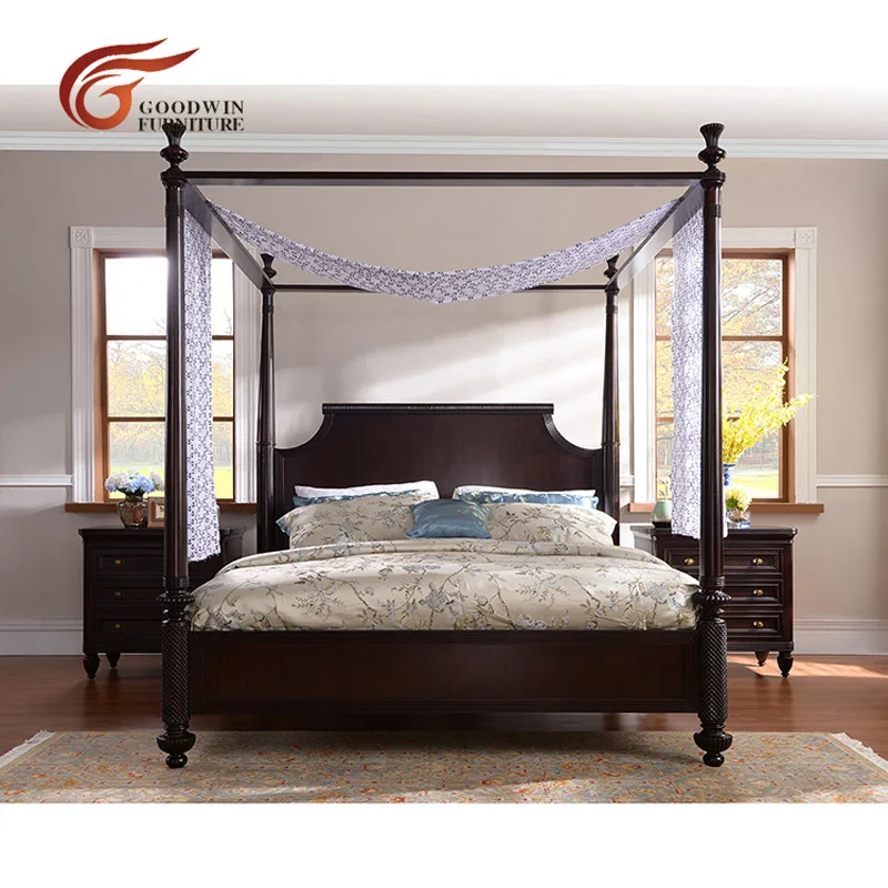 Роскошная резная антикварная четырехстоечная кровать из красного дерева во