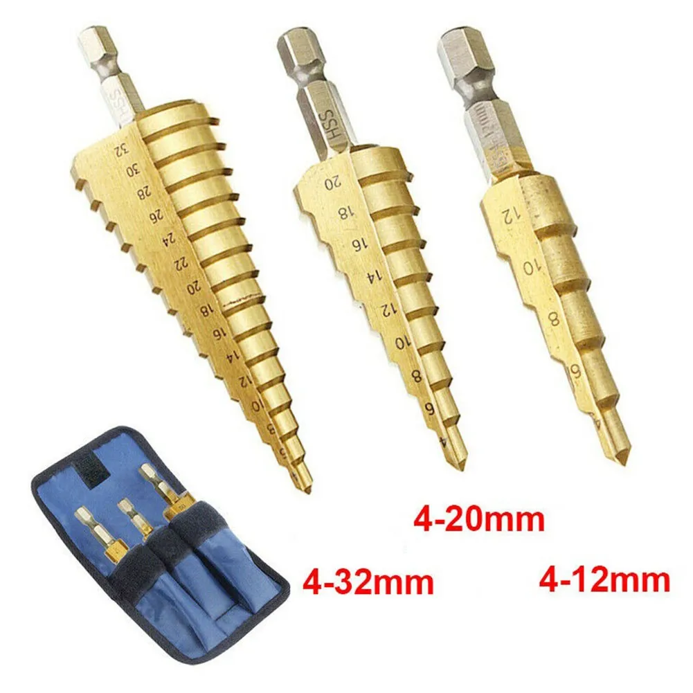 

3Pcs HSS Titanium Coated Step Drill Bit 4-12mm 4-20mm 4-32mm Straight Groove Step Core Drill For Wood Metal Plastic Drilling