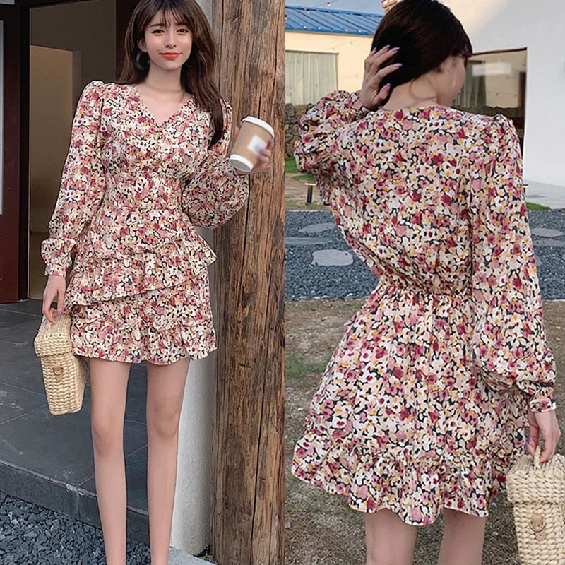 

Women Dresses Spring/Autumn Sexy V Neck Floral Print Beach Dress Ruffle Long Puff Sleeve Skirt Dress Wrap Sundress Robe