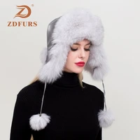 zdfurswomen natural real fox leather hat winter ushanka bomber cap russia snow wind thick warm fur real sheepskin leather caps