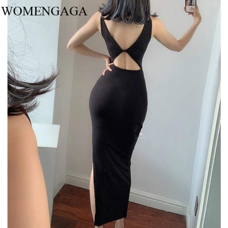 

2020 Autumn Summer Elastic Slimming Backless Hollow Out Sexy Black Long Knitting Elasticity Wear Both Front And Back Dress Q7