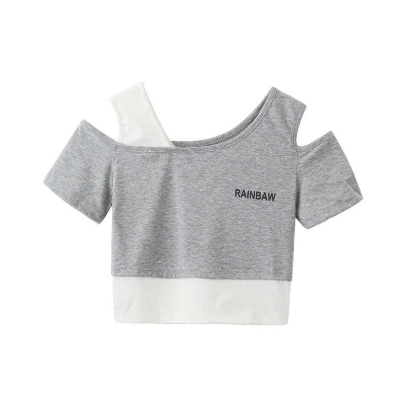 

Fake Two Casual Korean Clothes New Women's Clothing T-Shirts Slim Was Tops Off Shoulder Text Printing Straight O-Neck Tees