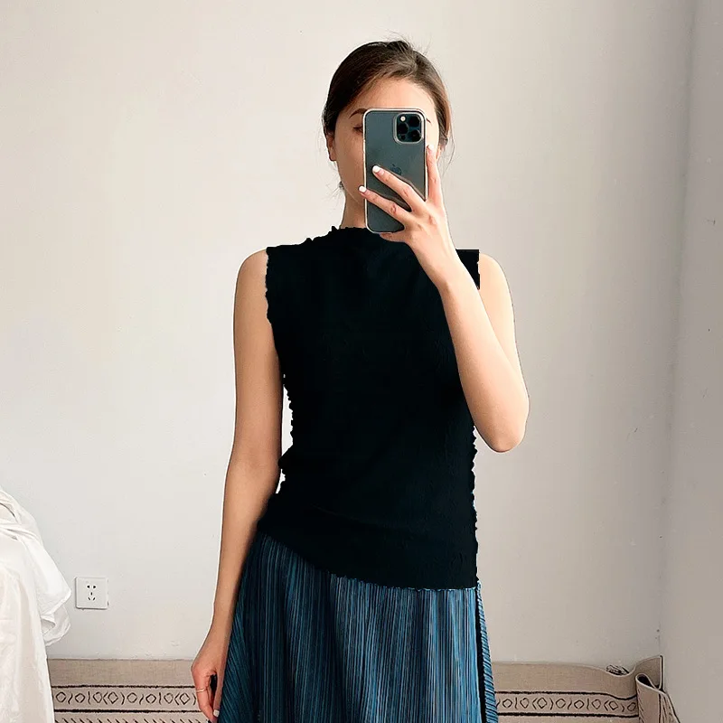 

LANMREM Women Summer Blue Color T-shirt Sleeveless New Round Neck Female Casual Fashion Tide Top 2021 New Arrivals 2D1594