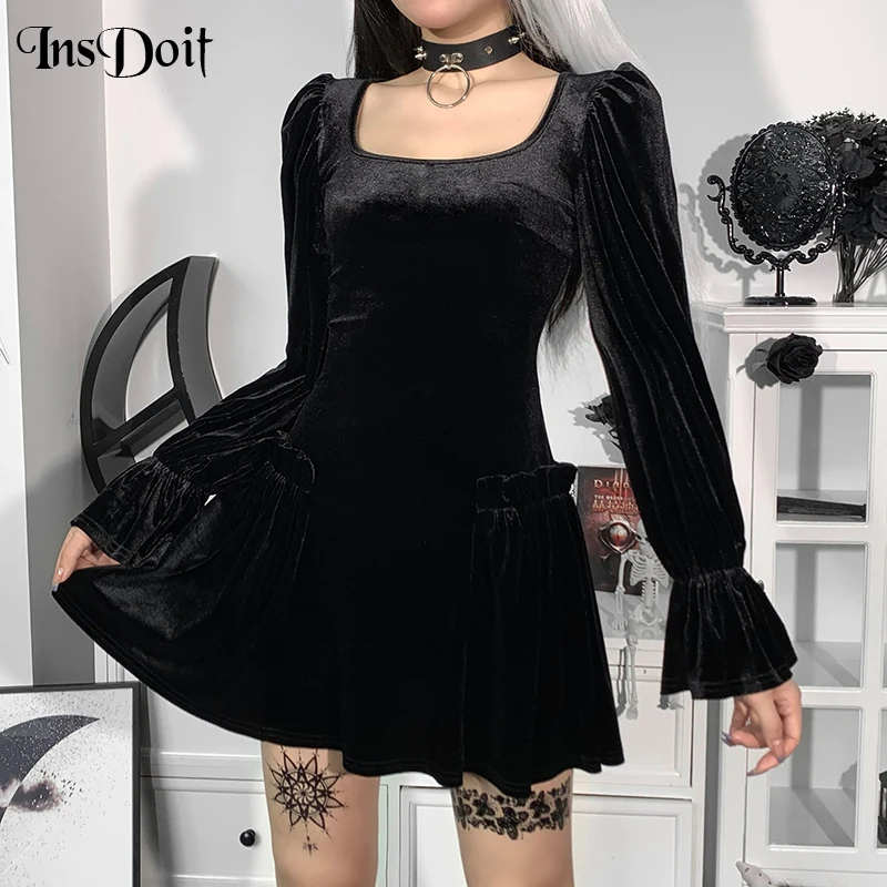 

InsDoit Gothic Velvet Ruched Dress Women Vintage Punk Grunge Aesthetic Dress Autumn Harajuku E Girl Elegant Party A Line Dresses