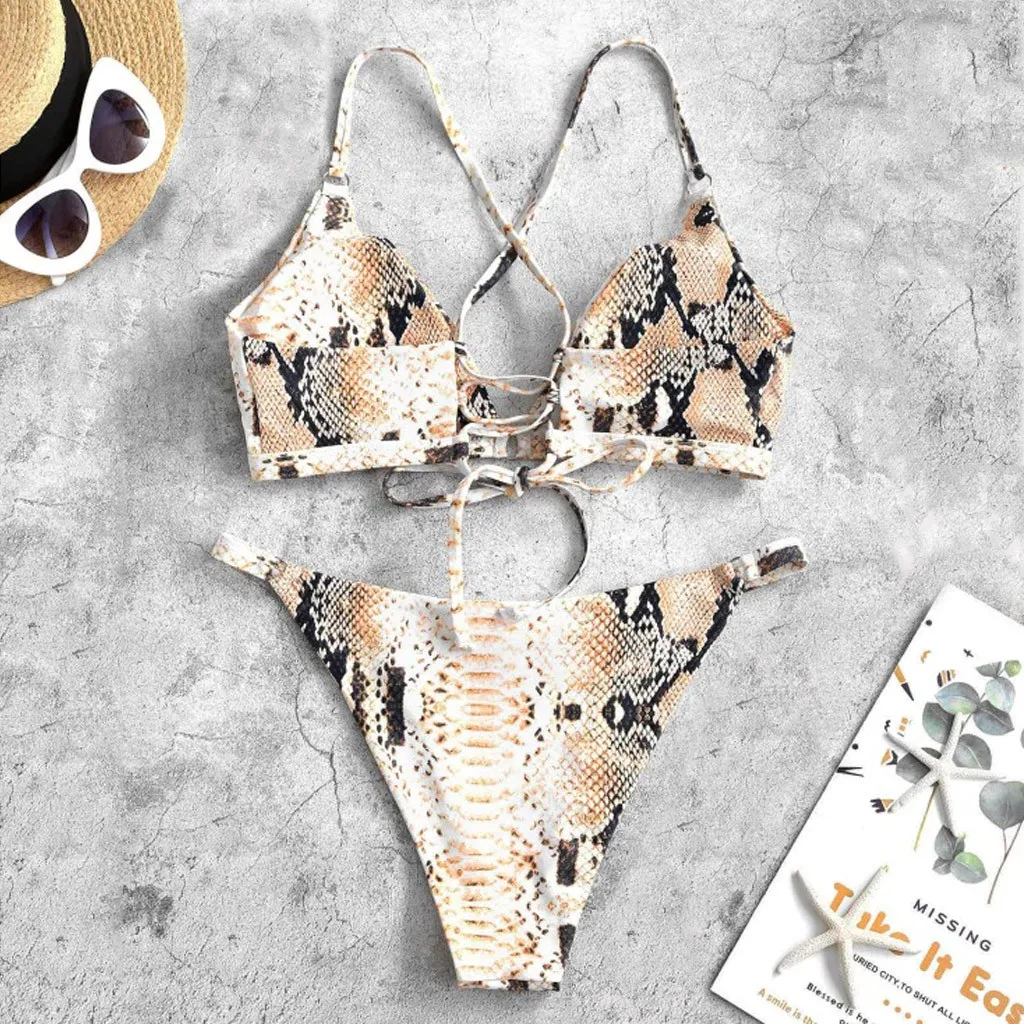 Women Sexy Snakeskin O-ring Lace-up Bikini Swimsuit Bathing Beachwear Summer Swimming pool Sea harmless swimwear | Женская одежда