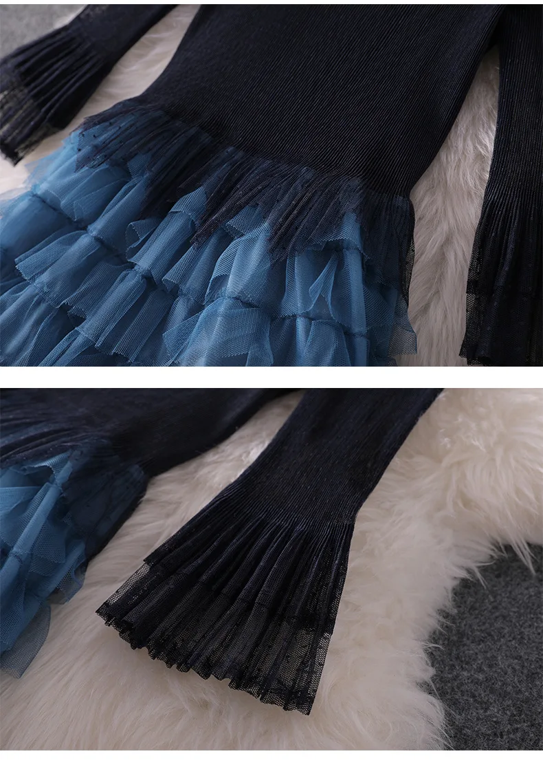 Women fashion autumn winter ruffles dress lace inset falre sleeve fit and flare cute dresses new blue