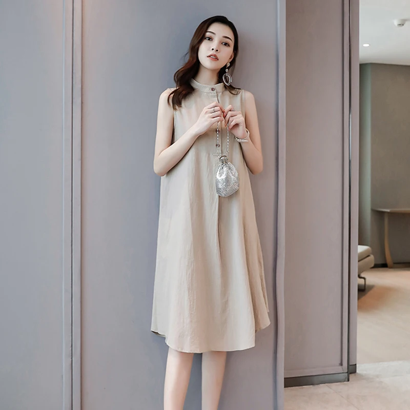 Женское свободное платье-рубашка без рукавов повседневное однотонное