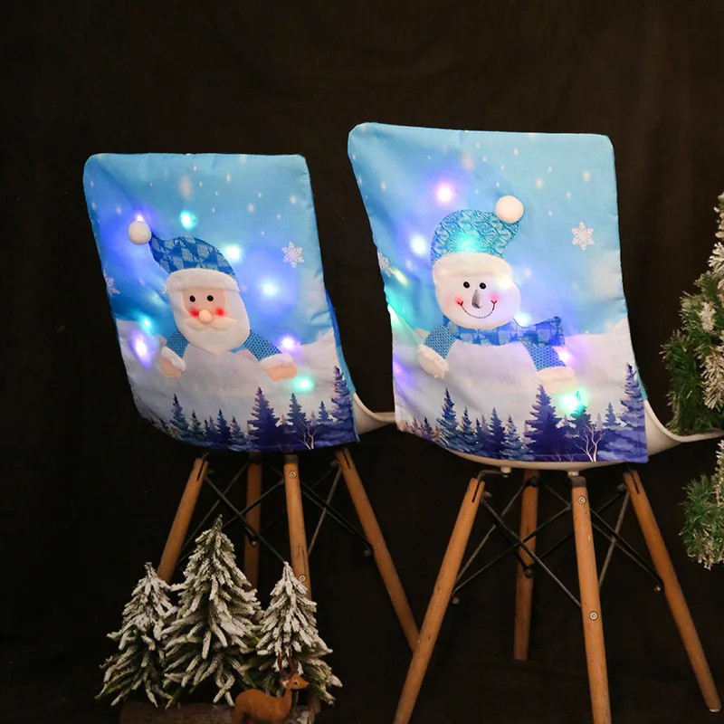 

Christmas luminous chair cover with light Christmas Blue Santa Snowman chair cover restaurant decorative stool cover
