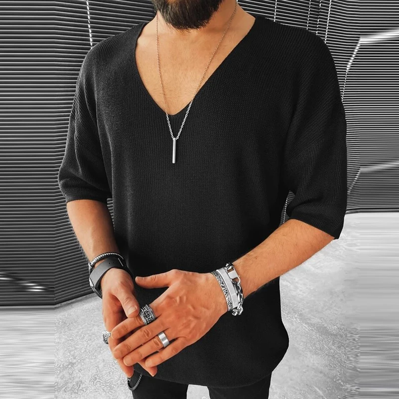 

Autumn New Casual Knitted Sweater For Men Half Sleeve V-Neck Solid Jumpers Tops Fashion Slim Fit Sweaters 2022 Mens Streetwear