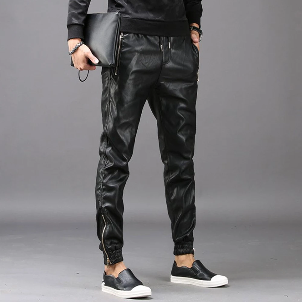 Fashion Moto Elastic Waist Faux Leather Pants Men Joggers Zipper Pockets Black Streetwear Slim Pencil Pant Men Clothing