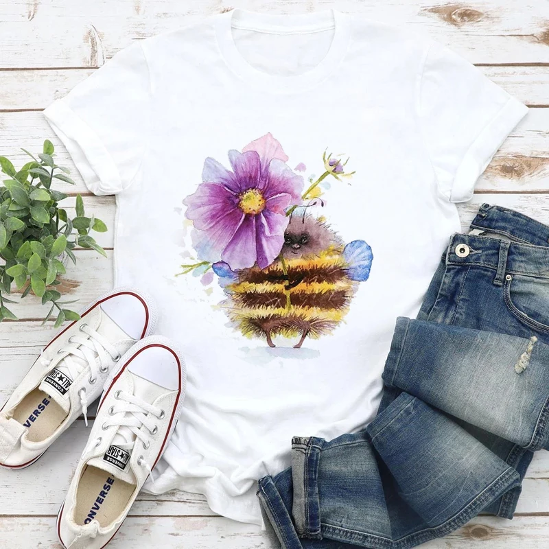 

New Fashion Women's T-shirt Purple Flower Print T-shirt Funny Top T-shirt 90's Girls Short Sleeve T-shirt Harajuku Women's T-shi