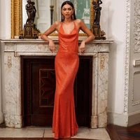 exquisite orange straight sleeveless evening dresses halter sequins floor length charming backless prom party gowns customized