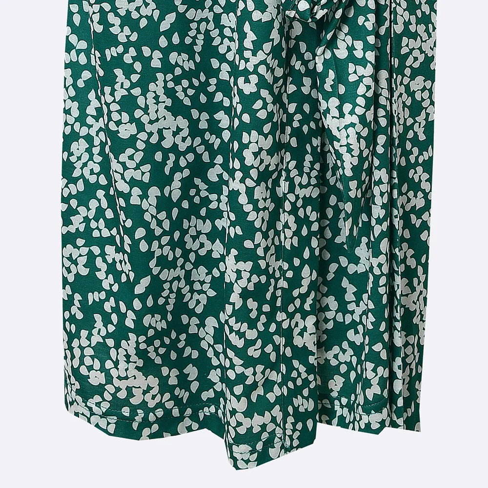

New Fashion Women Wrap Dress Green V-neck Dot Print Lady Slim Lace-up Waist Female Knee-length Dresses 2020 Summer