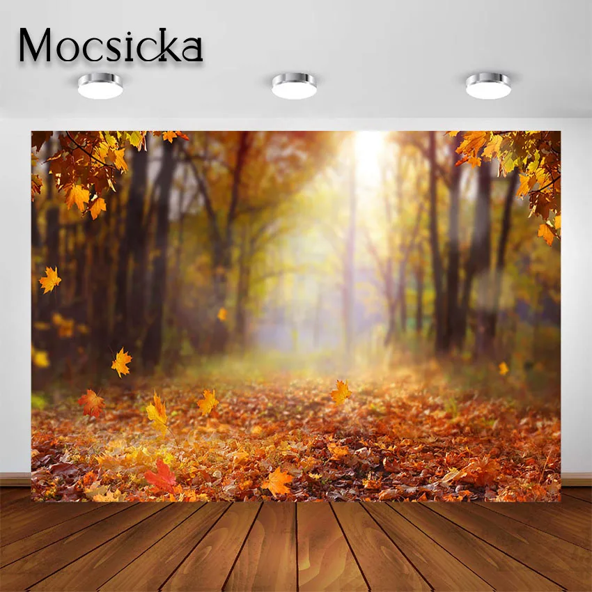 

Mocsicka Fall Forest Scenery Photography Backdrop Thanksgiving Autumn Nature Maple Leaves Baby Adult Portrait Photo Background