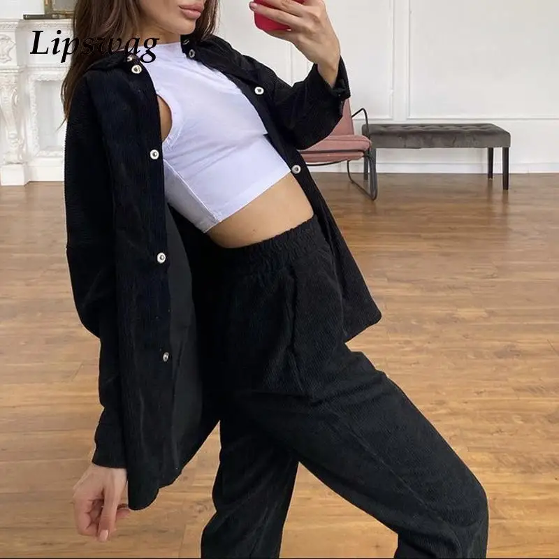 

Бархатная женская рубашка с отложным воротником, однотонный брючный комплект, осень 2021, рубашка с длинными рукавами на пуговицах, брюки с эл...