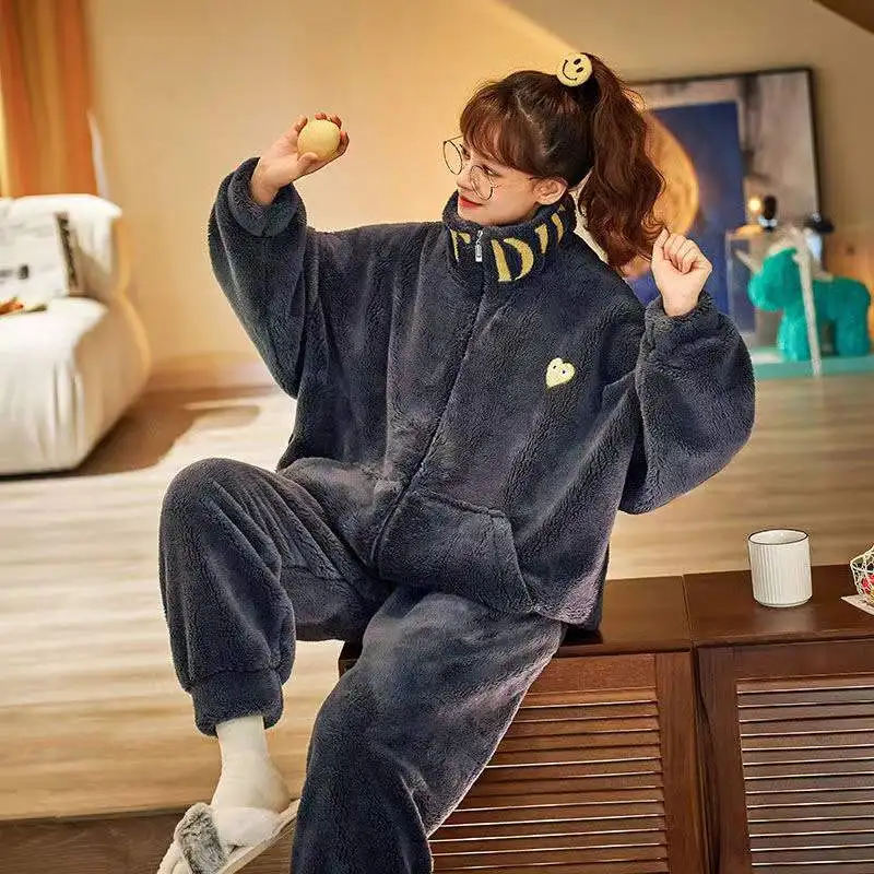 Flannel Winter Pajamas Set Women 2 Pieces/Sets Coral Fleece Thick Warm Long-Sleeved Trousers Pyjamas Casual Homewear Night