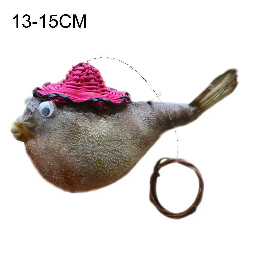 

Puffer Fish Air Drum Fish Bone Porpoise Specimen With Bamboo Woven Hat Marine Biology Fish Skin Car Pendant Decor