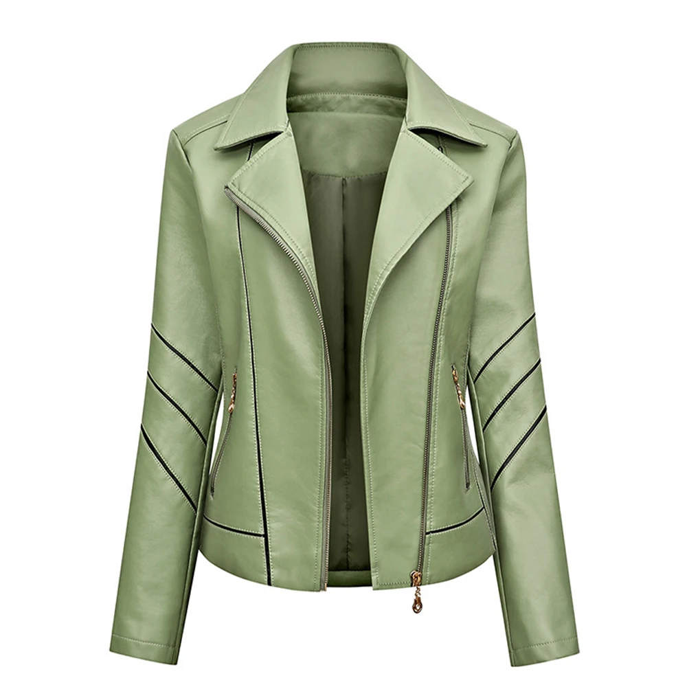 Elegant Women Zipper Up Leather Solid Color Jackets Turn Down Collar Long Sleeve Coats Spring Autumn Casual Slim Fit Outwear