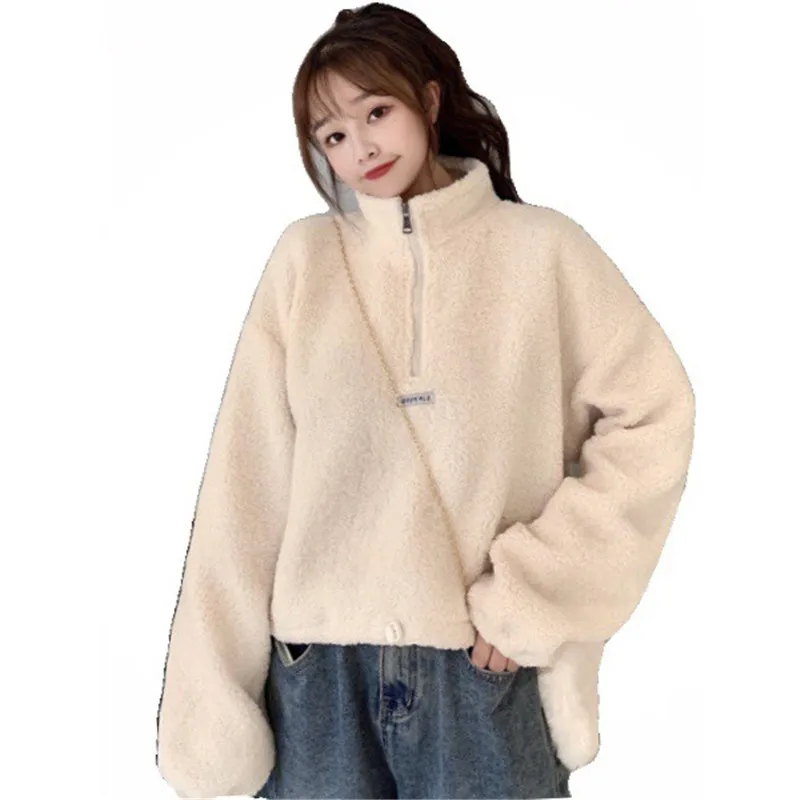 

Autumn Winter Hoodies Women New Imitation Lamb Velvet Plus Velvet Thick Hooded Sweatshirt Female Loose Casual Jacket Tops JD1655