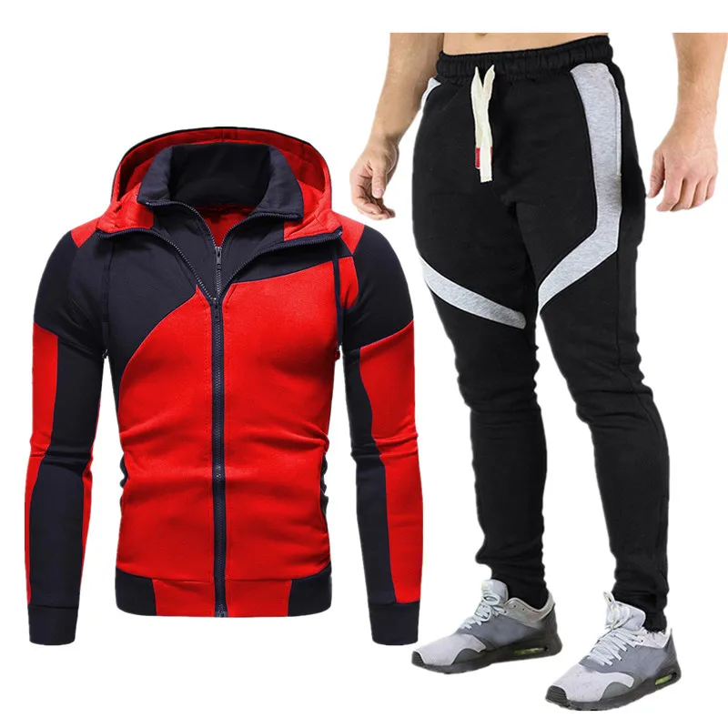 

2021 Autumn And Winter Two-Piece Suit Sports Two-Color Stitching Jacket Long-Sleeved Trousers Hooded Casual Sports Men's Suit