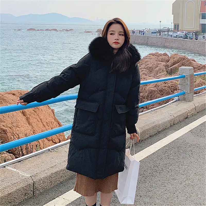 

Winter Mid-length Women Cotton Padded Coat Fashion Fur Collar Hooded Pocket Long-sleeve Casual Cotton Parkas Female Warm Outwear