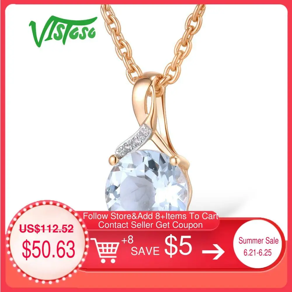 

VISTOSO Gold Pendant For Women Genuine 14K 585 Rose Gold Radiant Blue Topaz Sparkling Diamond Pendant Delicate Fine Jewelry